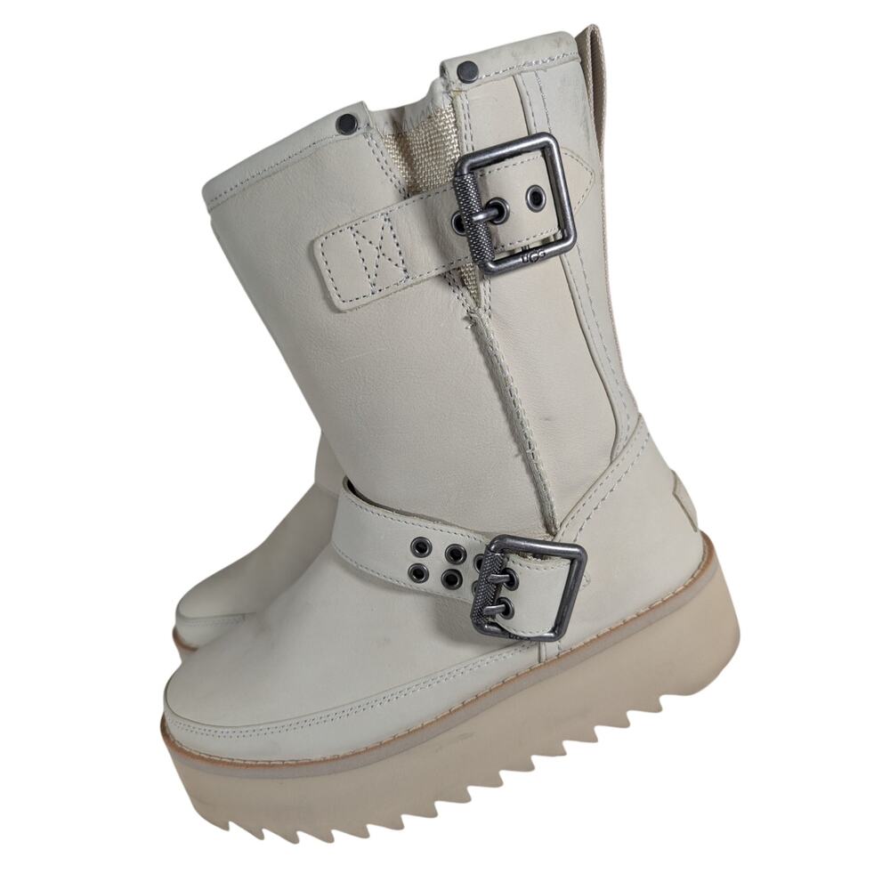 NIB! UGG! CREAM GENUINE LEATHER "REBEL BIKER" PLATFORM SOLE ANKLE BOOTS! 5M